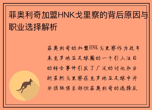 菲奥利奇加盟HNK戈里察的背后原因与职业选择解析 菲奥利奇加盟HNK戈里察的背后原因与职业选择解析
