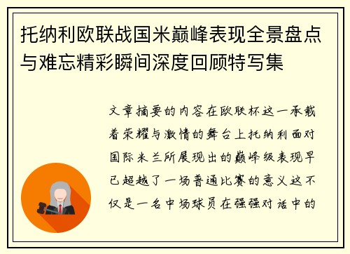 托纳利欧联战国米巅峰表现全景盘点与难忘精彩瞬间深度回顾特写集