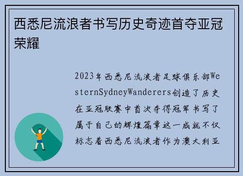 西悉尼流浪者书写历史奇迹首夺亚冠荣耀 西悉尼流浪者书写历史奇迹首夺亚冠荣耀